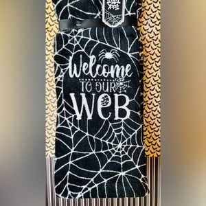 2 Halloween Welcome to our Web Kitchen Towels Black White Spiderwebs Goth